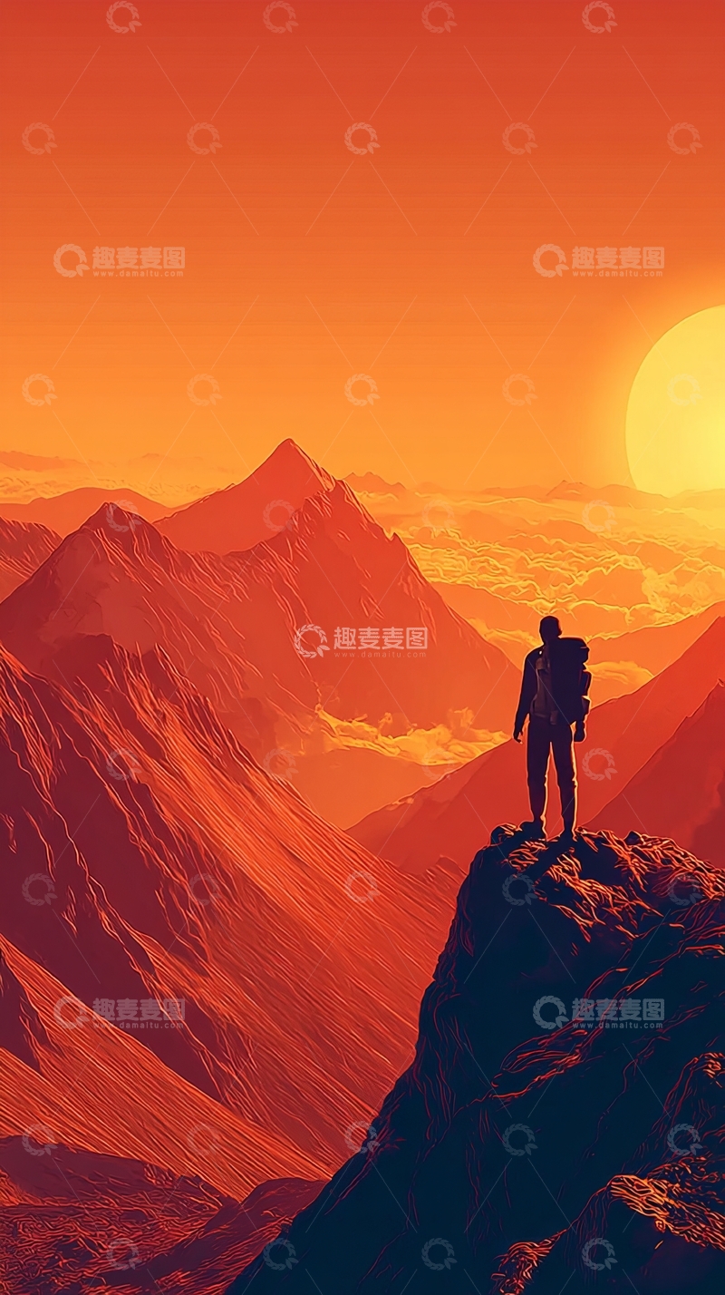 高清大图下载【趣麦麦图】一人站在山顶眺望日落