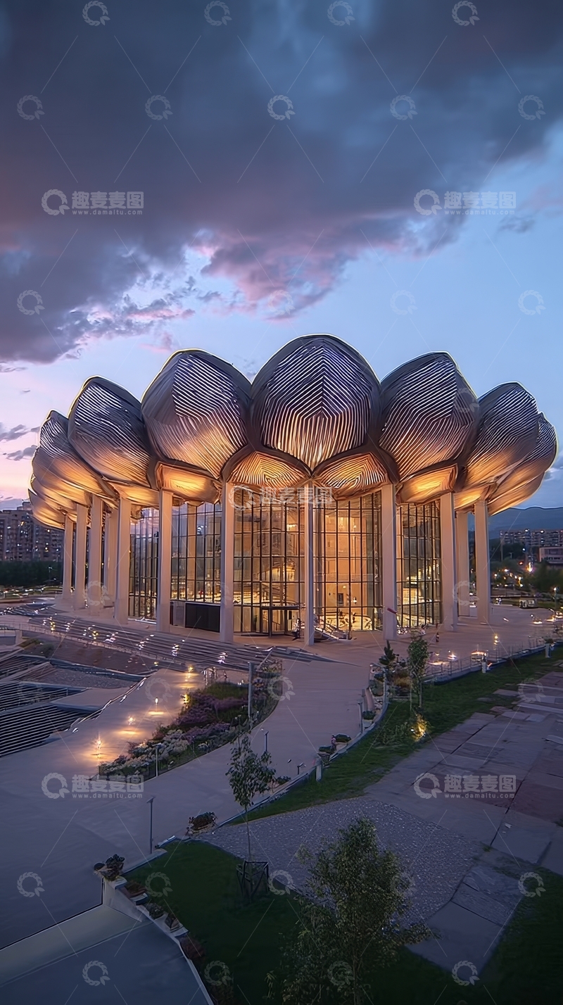 高清大图下载【趣麦麦图】现代建筑在黄昏时分灯火通明