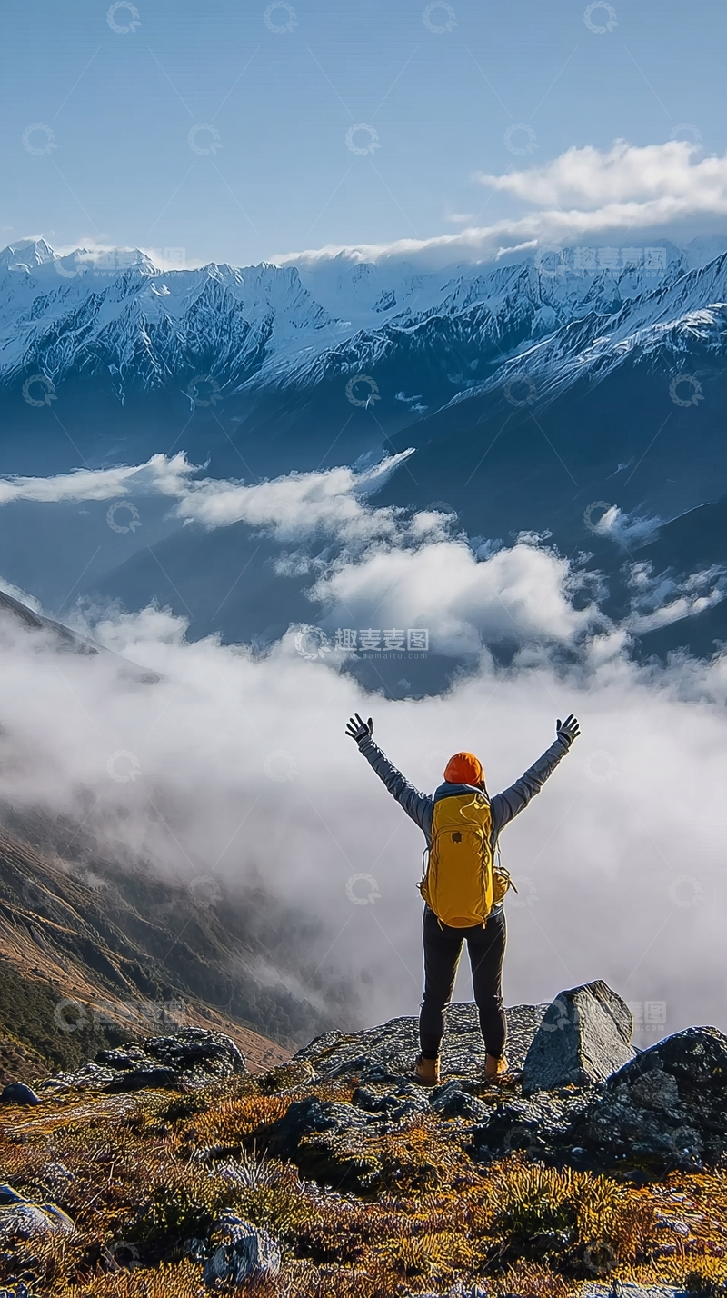 高清大图下载【趣麦麦图】登山者站在山顶俯瞰云海