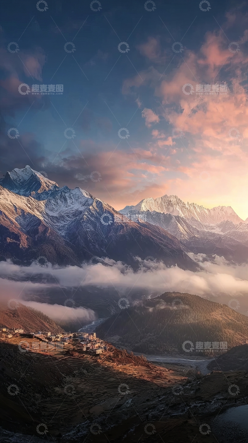 高清大图下载【趣麦麦图】雪山日出云海山谷村庄