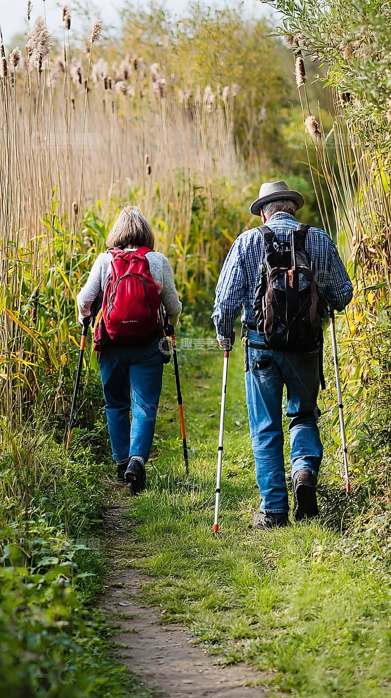 高清大图下载【趣麦麦图】一对老人在自然小径上徒步