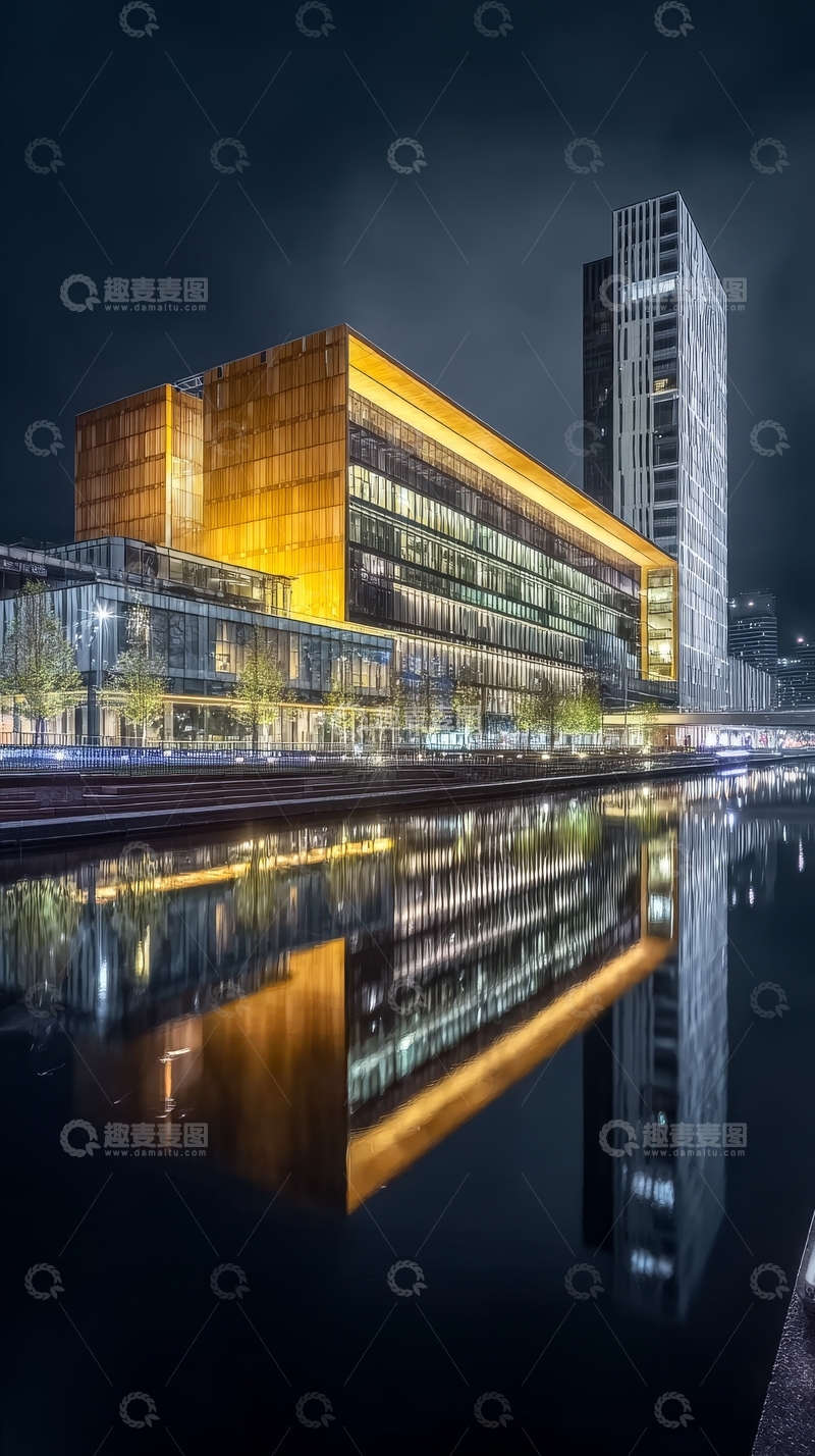高清大图下载【趣麦麦图】夜晚灯光下的现代建筑倒影