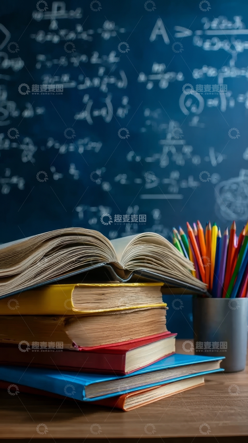 高清大图下载【趣麦麦图】书本与彩色铅笔置于黑板前