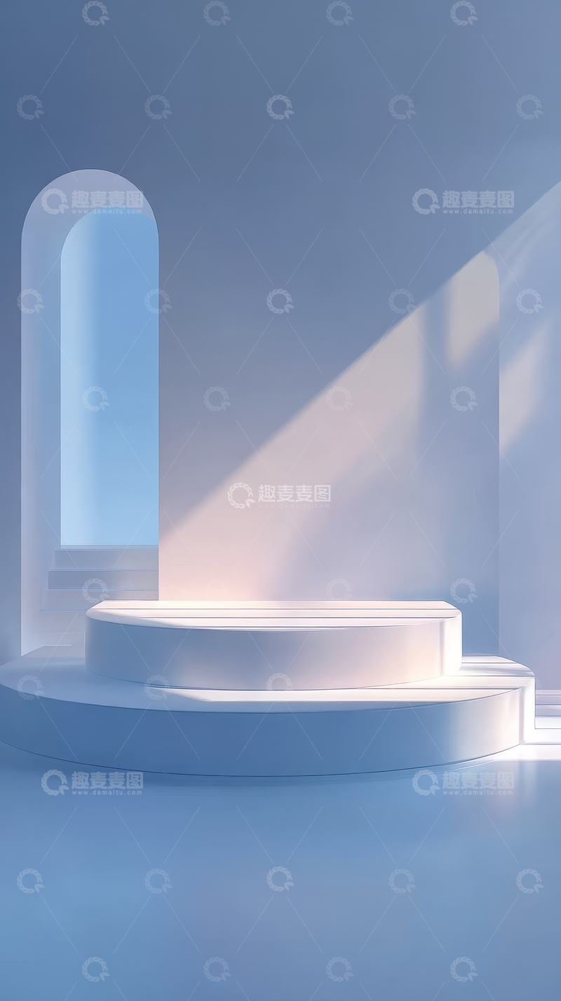 高清大图下载【趣麦麦图】白色阶梯平台与拱形窗的光影场景