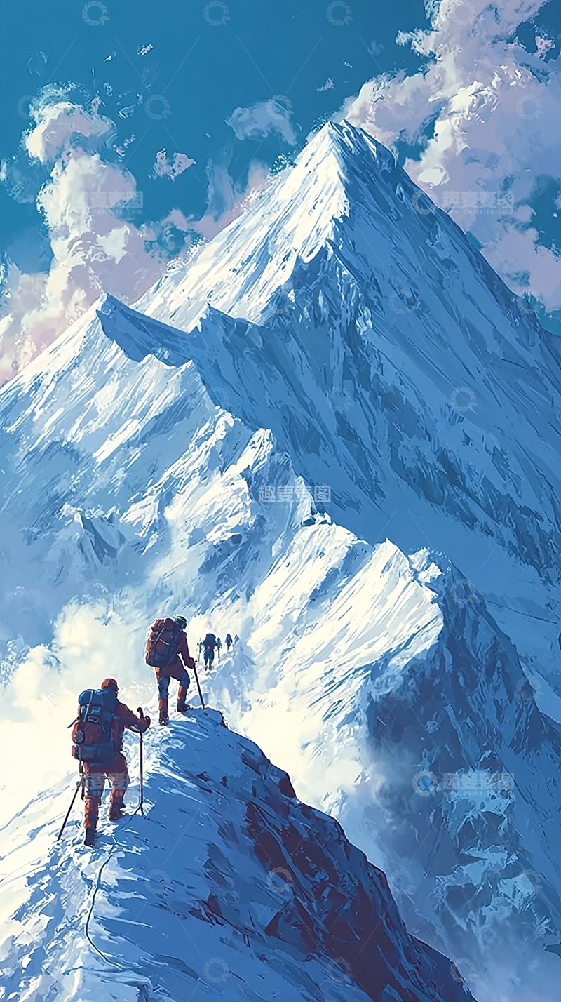 高清大图下载【趣麦麦图】登山者攀登雪山峰顶