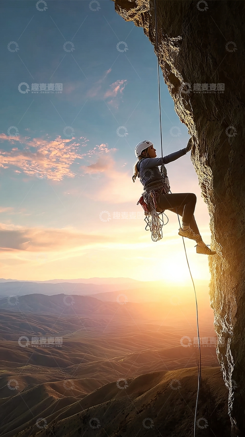 高清大图下载【趣麦麦图】攀岩者在日落时分攀登峭壁