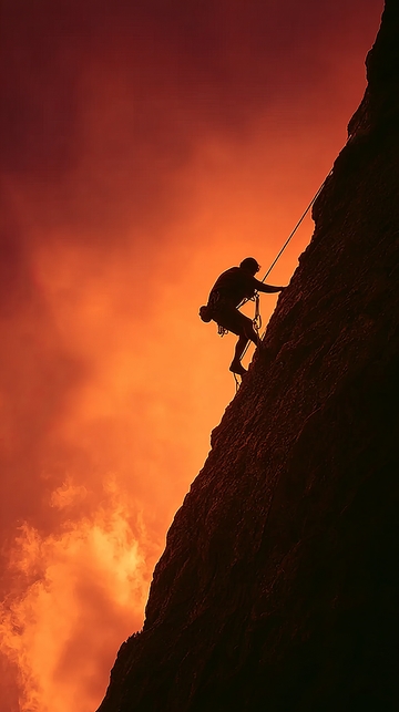 攀岩者在夕阳下攀登峭壁