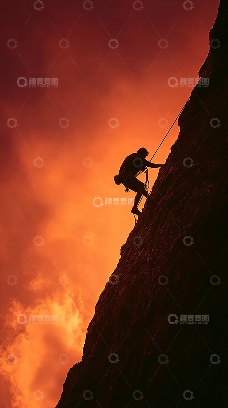高清大图下载【趣麦麦图】攀岩者在夕阳下攀登峭壁