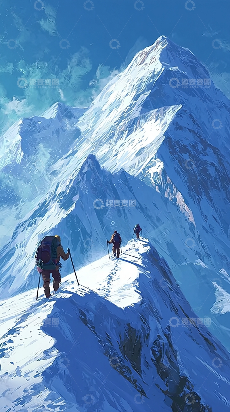 高清大图下载【趣麦麦图】登山者在雪山巅峰行进