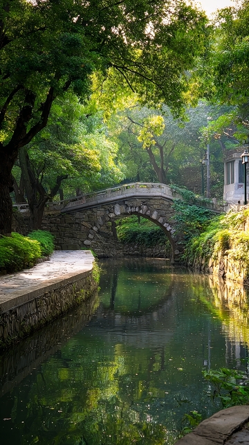 石桥横跨绿树掩映的溪流