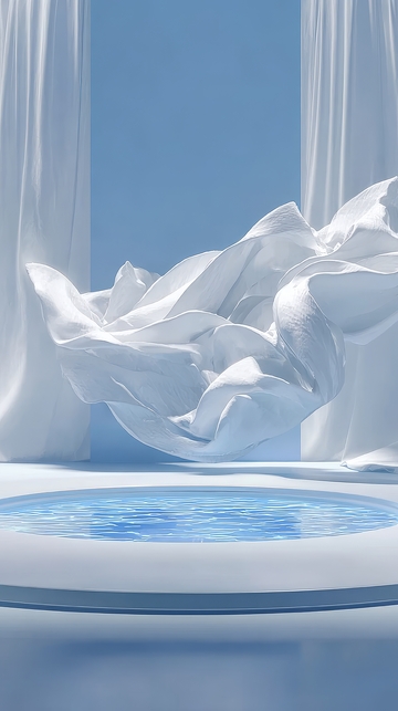 白色布料飘动在蓝色水池旁