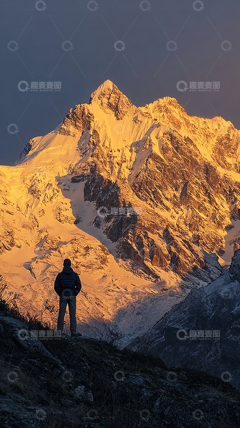 高清大图下载【趣麦麦图】一人静立雪山前仰望峰顶