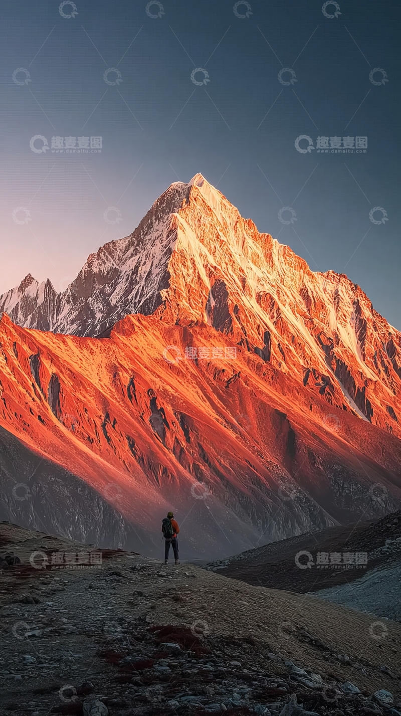 高清大图下载【趣麦麦图】一人站在山巅仰望雪山