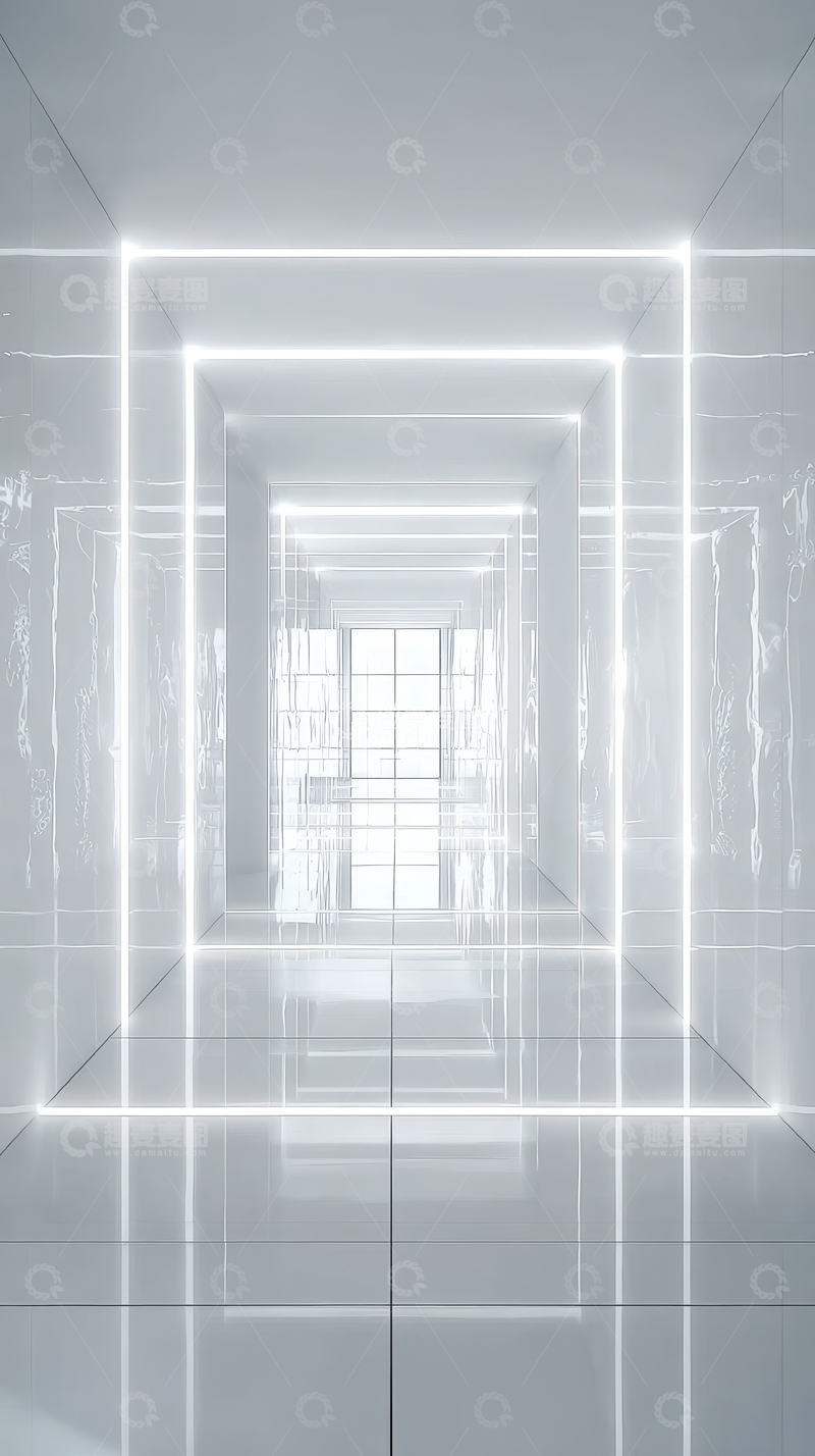 高清大图下载【趣麦麦图】白色走廊中的发光线条结构
