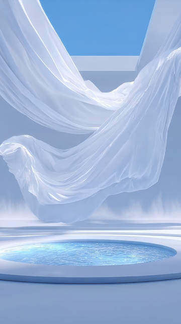 飘动的白色纱布环绕水池