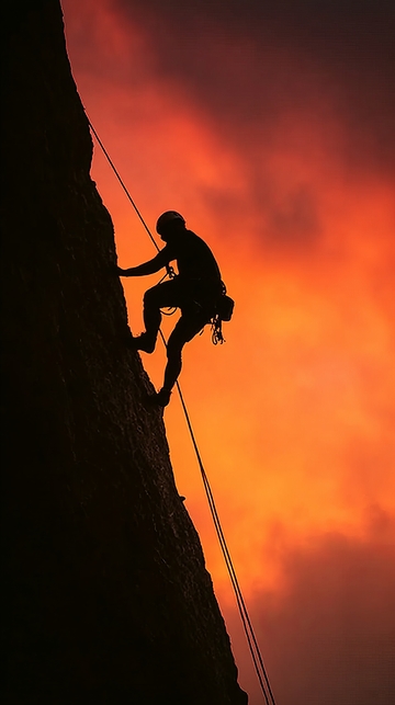 攀岩者在夕阳下攀登峭壁
