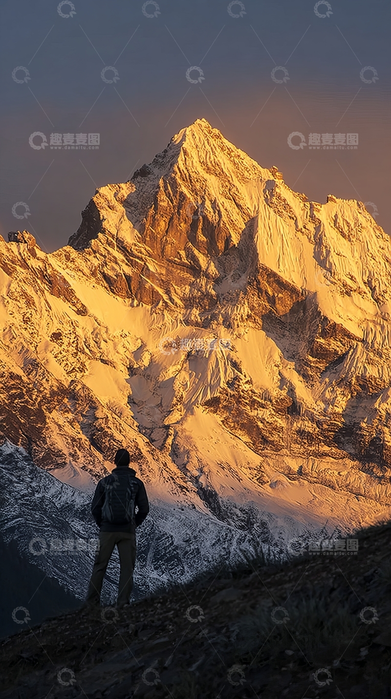 高清大图下载【趣麦麦图】一人站在雪山前眺望日出
