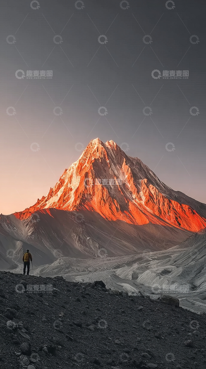 高清大图下载【趣麦麦图】一人站在雪山前欣赏日出