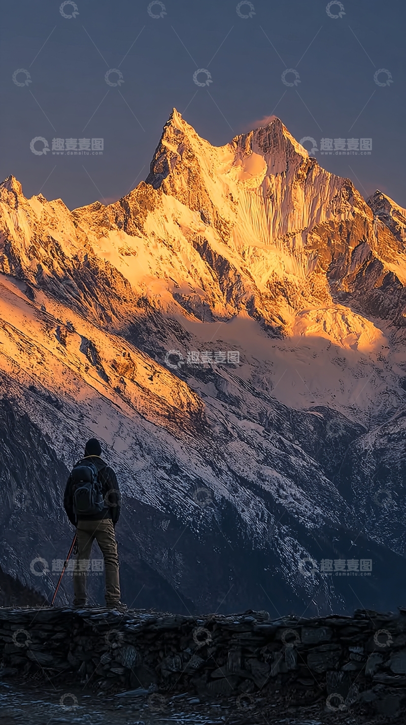 高清大图下载【趣麦麦图】一人眺望金色雪山峰顶