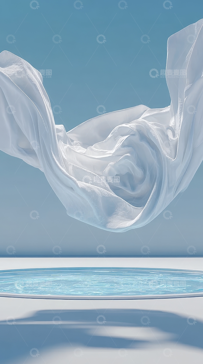 高清大图下载【趣麦麦图】飘动的白色布料在蓝天下的水面之上