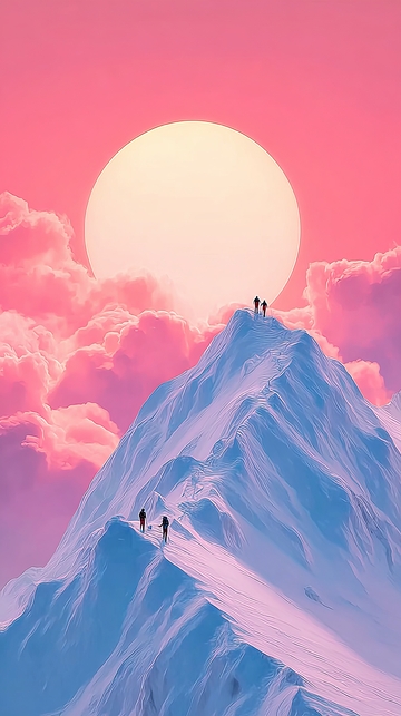 雪山顶峰人物剪影日落