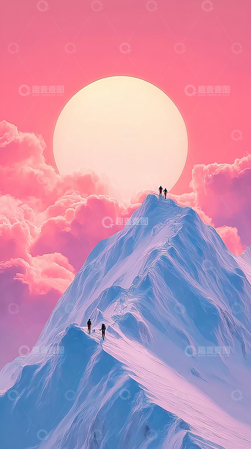高清大图下载【趣麦麦图】雪山顶峰人物剪影日落