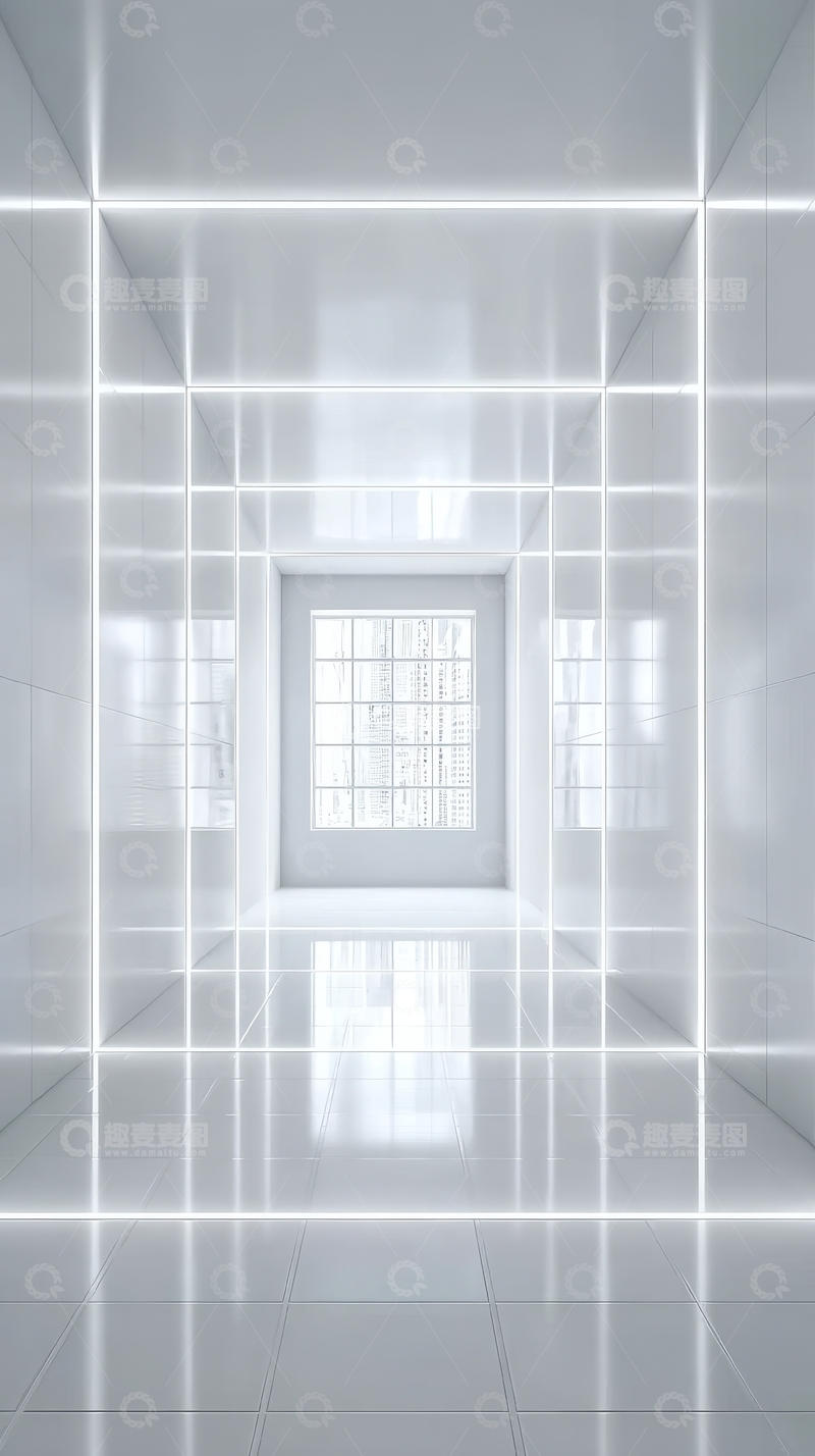 高清大图下载【趣麦麦图】明亮白色瓷砖走廊尽头有窗户