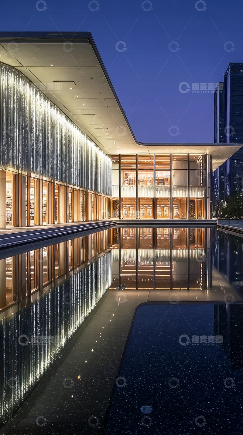 高清大图下载【趣麦麦图】现代建筑夜景倒影水池