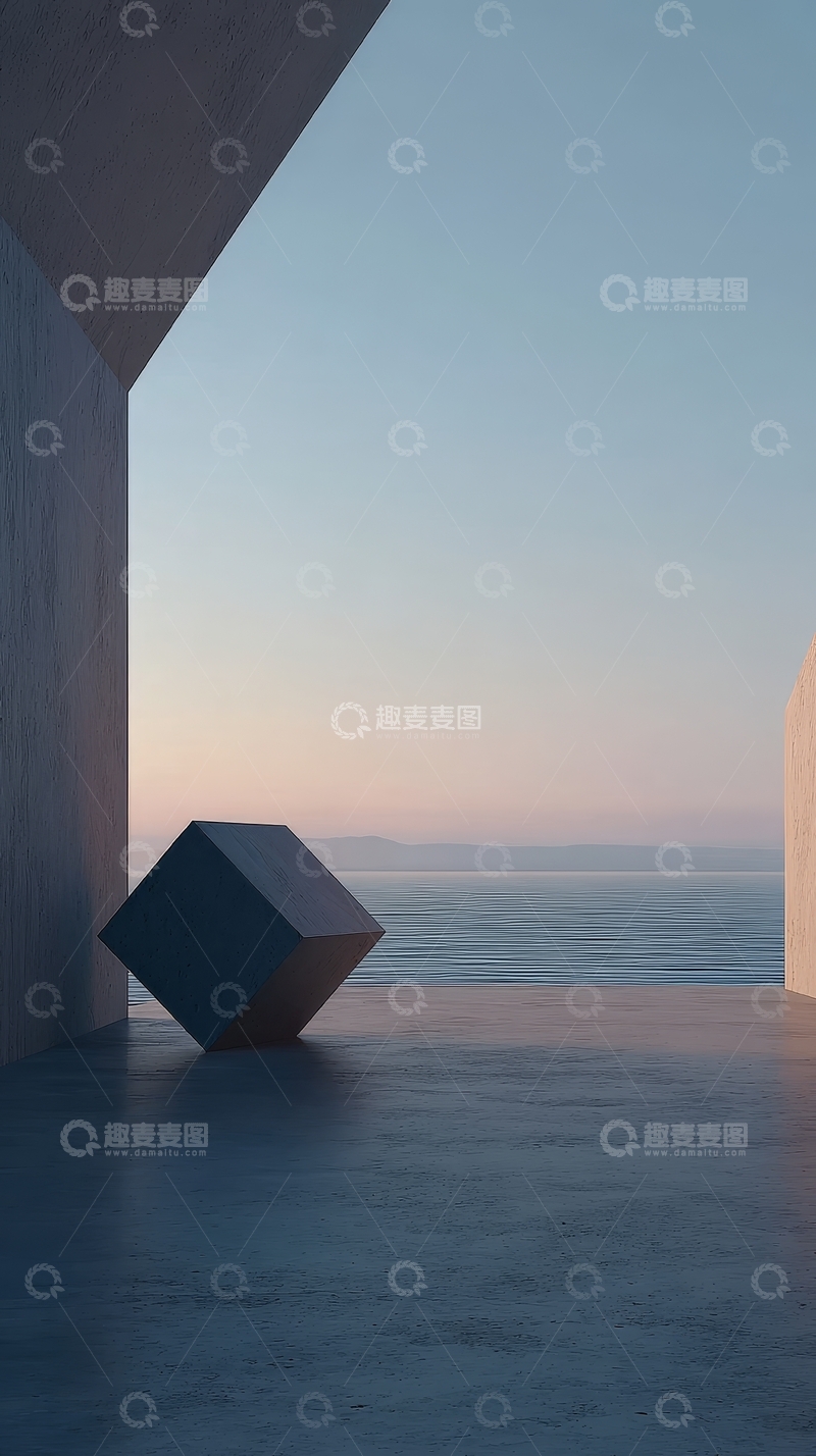 高清大图下载【趣麦麦图】几何立方体置于海边建筑空间