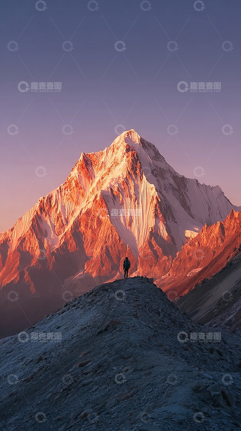 高清大图下载【趣麦麦图】一人站在雪山顶峰眺望日出
