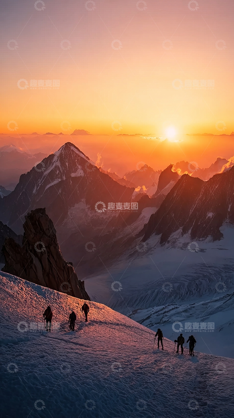 高清大图下载【趣麦麦图】登山者在雪山日落时前行