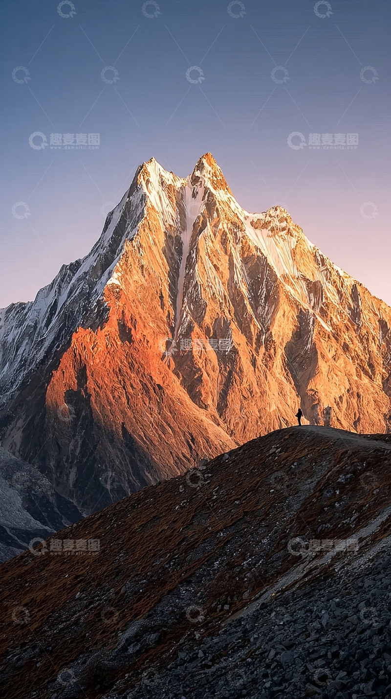 高清大图下载【趣麦麦图】日出照亮雪山峰顶的壮丽景色