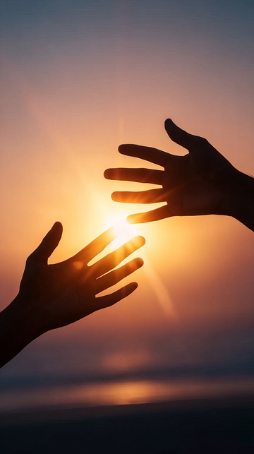 双手捧住夕阳的剪影