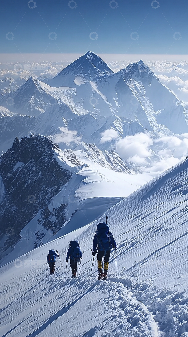 高清大图下载【趣麦麦图】登山者在雪山顶峰行进