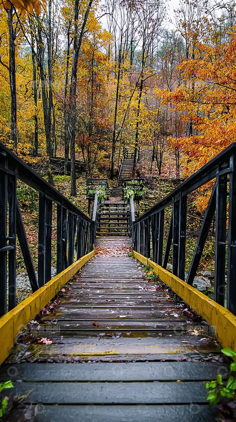 高清大图下载【趣麦麦图】秋日森林中的木制阶梯