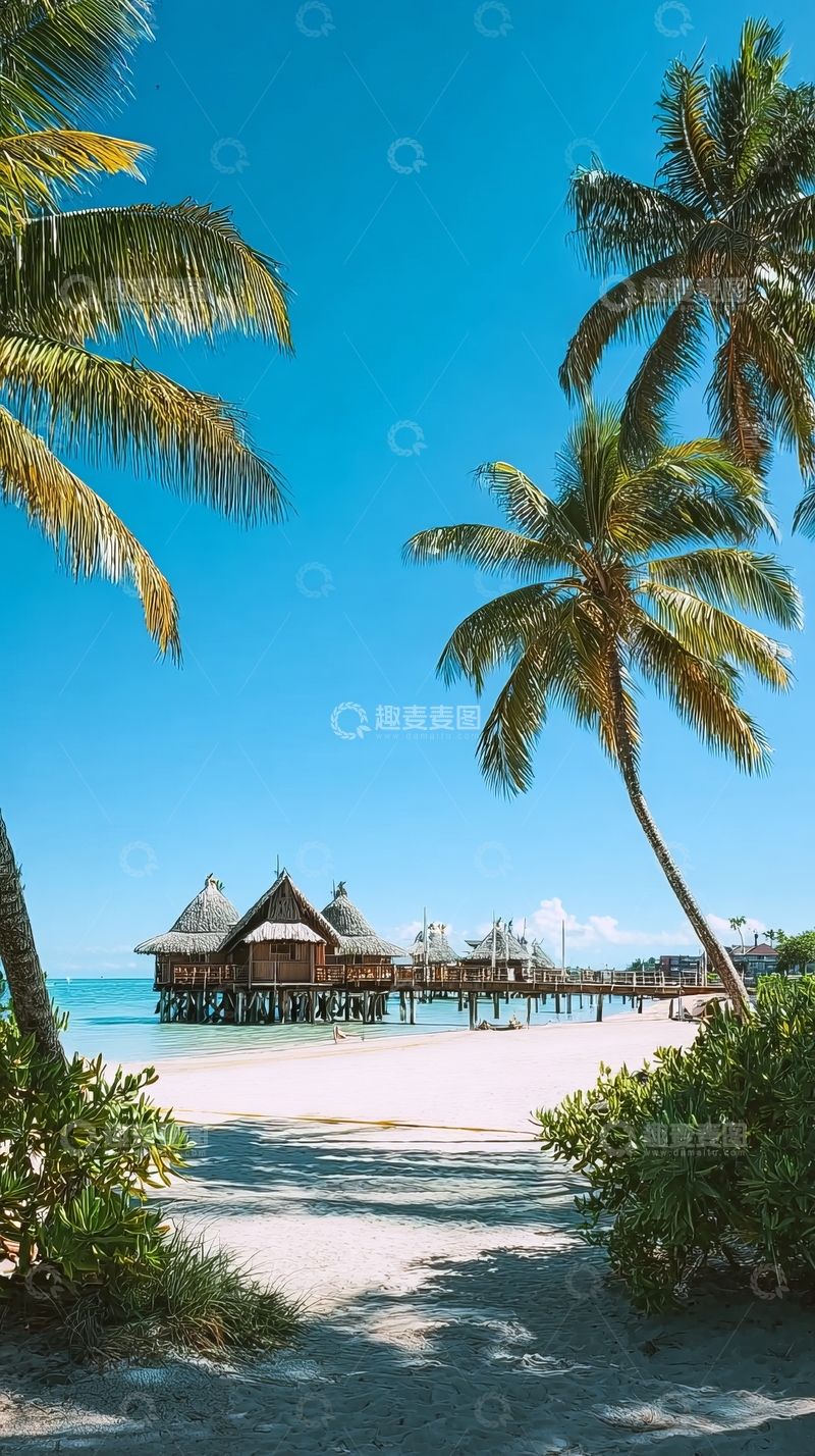 高清大图下载【趣麦麦图】热带海滩上的水上木屋