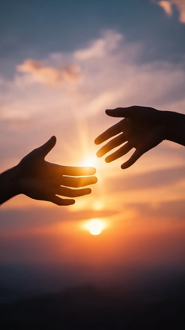 双手在夕阳下相向伸展