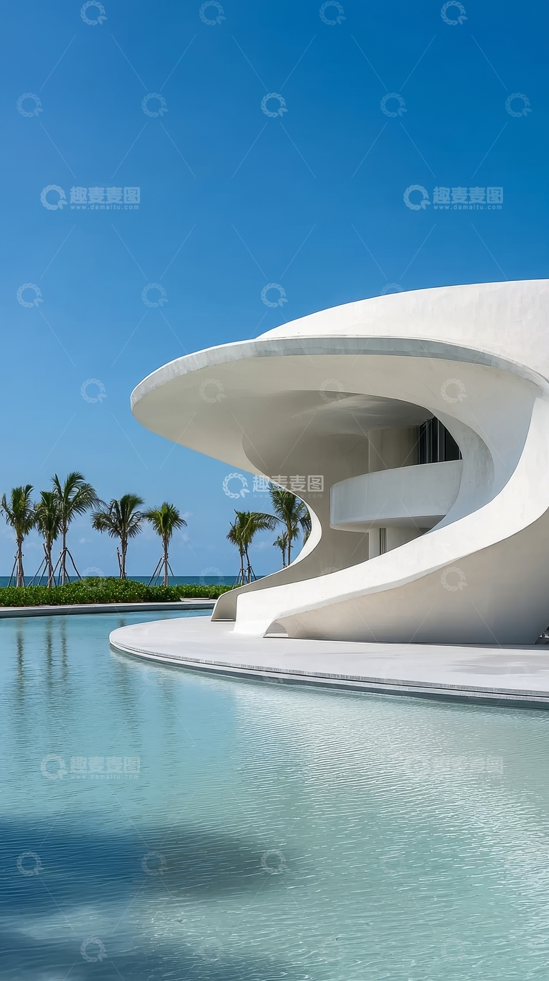 高清大图下载【趣麦麦图】现代白色建筑旁的清澈泳池