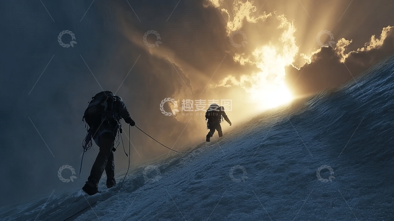 高清大图下载【趣麦麦图】两名登山者在雪坡上攀登