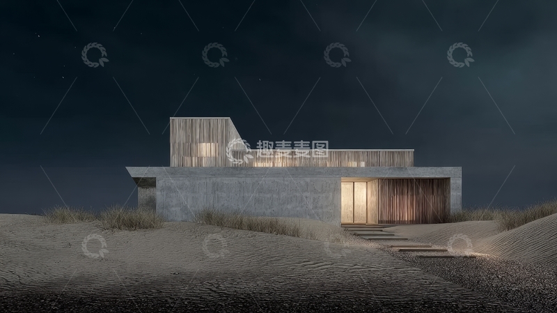 高清大图下载【趣麦麦图】沙漠中的现代建筑夜景
