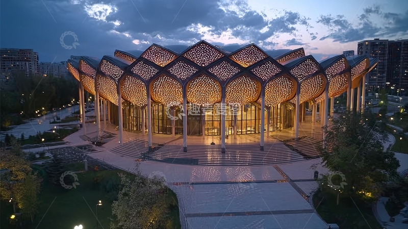 高清大图下载【趣麦麦图】夜晚灯光下的现代建筑外观