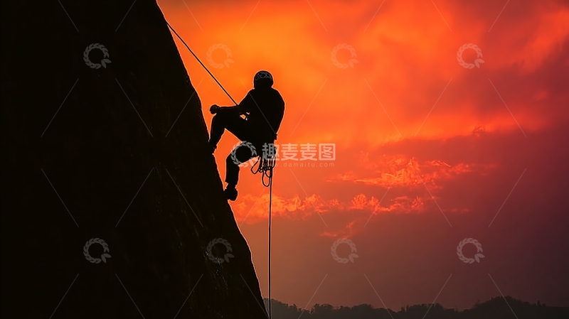 高清大图下载【趣麦麦图】攀岩者在夕阳下攀登峭壁