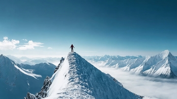 一人站在雪山顶峰俯瞰群山