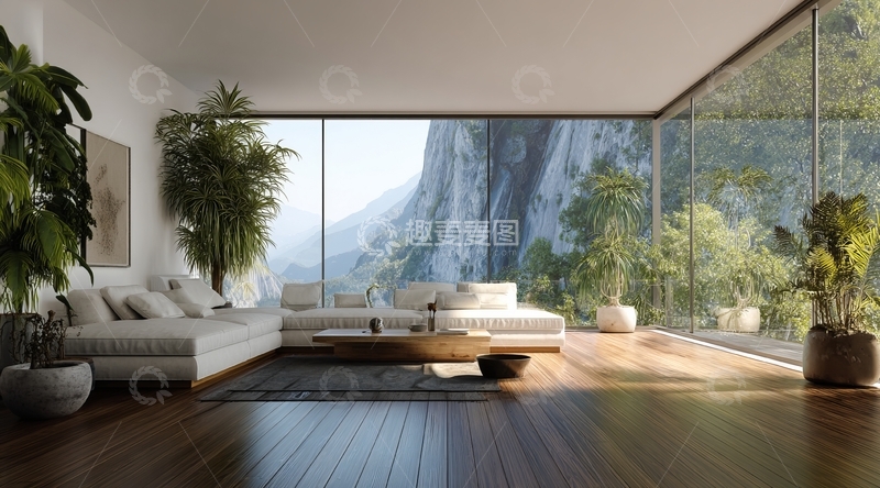 高清大图下载【趣麦麦图】现代客厅全景落地窗山景