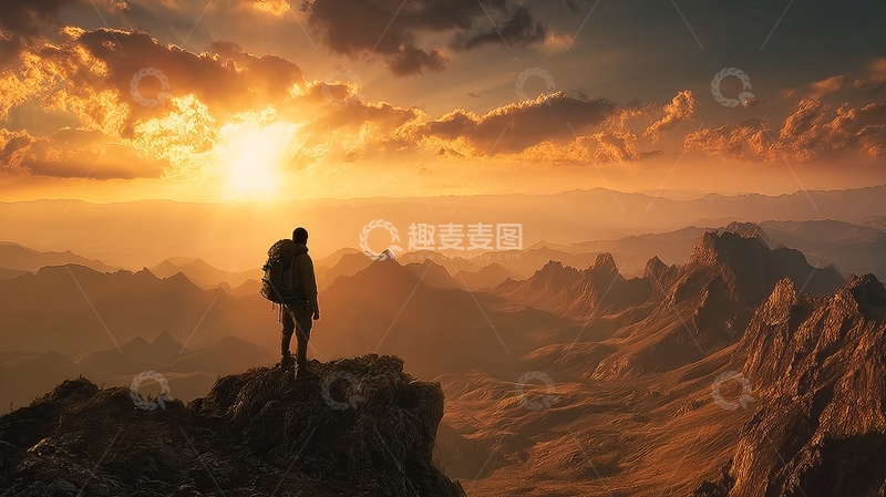 高清大图下载【趣麦麦图】登山者站在山顶眺望日落