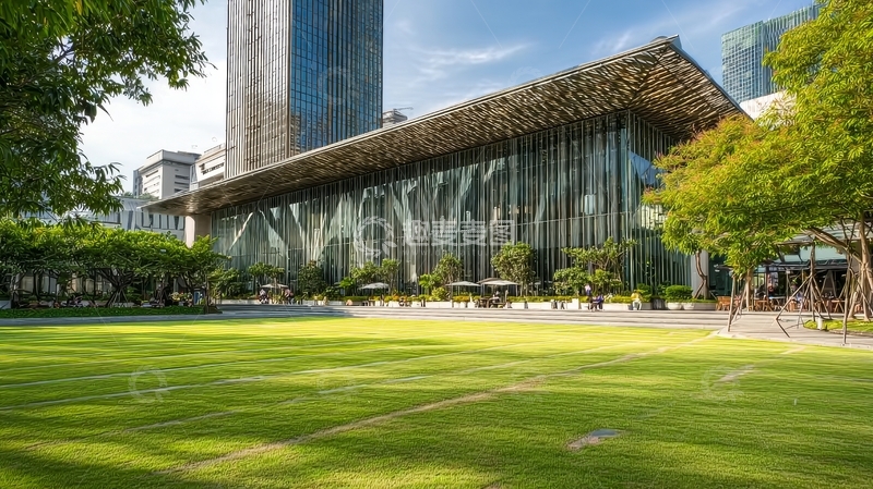 高清大图下载【趣麦麦图】现代建筑前的绿色草坪