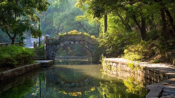 石桥横跨绿树成荫的河道