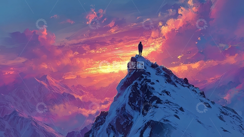 高清大图下载【趣麦麦图】一人站在雪山之巅仰望绚丽晚霞