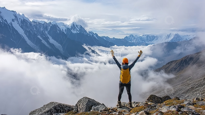 高清大图下载【趣麦麦图】登山者站在山顶俯瞰云海