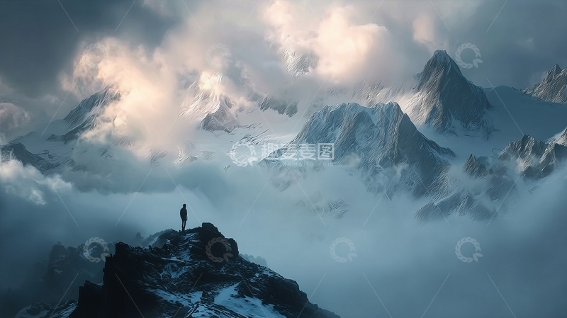 高清大图下载【趣麦麦图】一人站在雪山之巅俯瞰云海